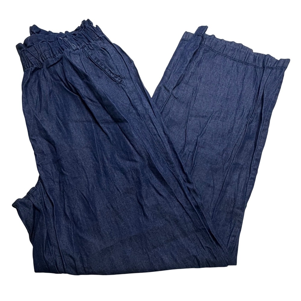 Dip Women Blue Chambray Paperbag Waist Wide Leg Pants Size 8 Elastic High Rise